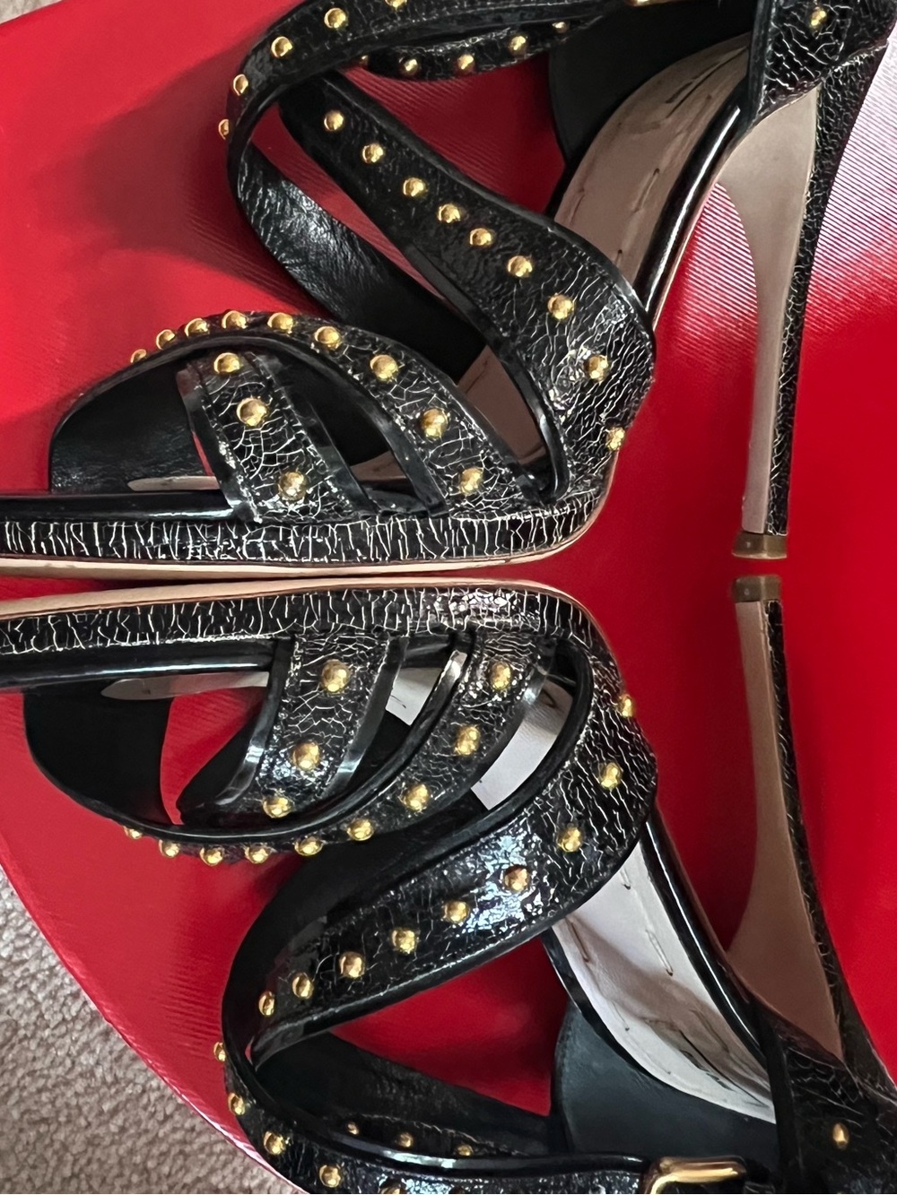 Miu Miu Black Crackled Leather Studded Strappy High-Heel Sandals ā¤ļøāš„ - Picture 5 of 16